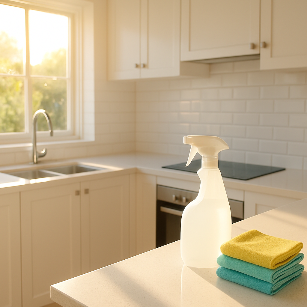 Spotlessly clean modern Australian home interior with gleaming kitchen benchtops