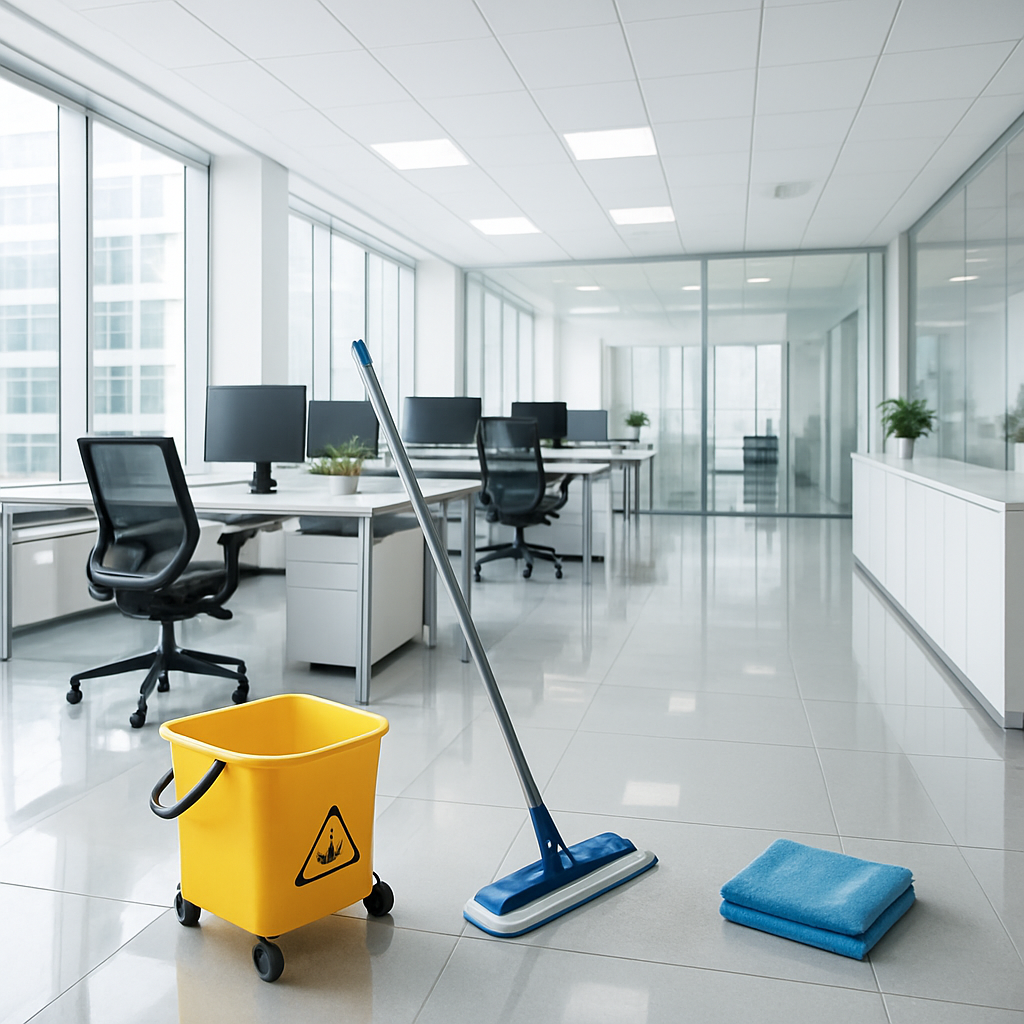 Professionally cleaned modern office interior with gleaming floors and sparkling surfaces