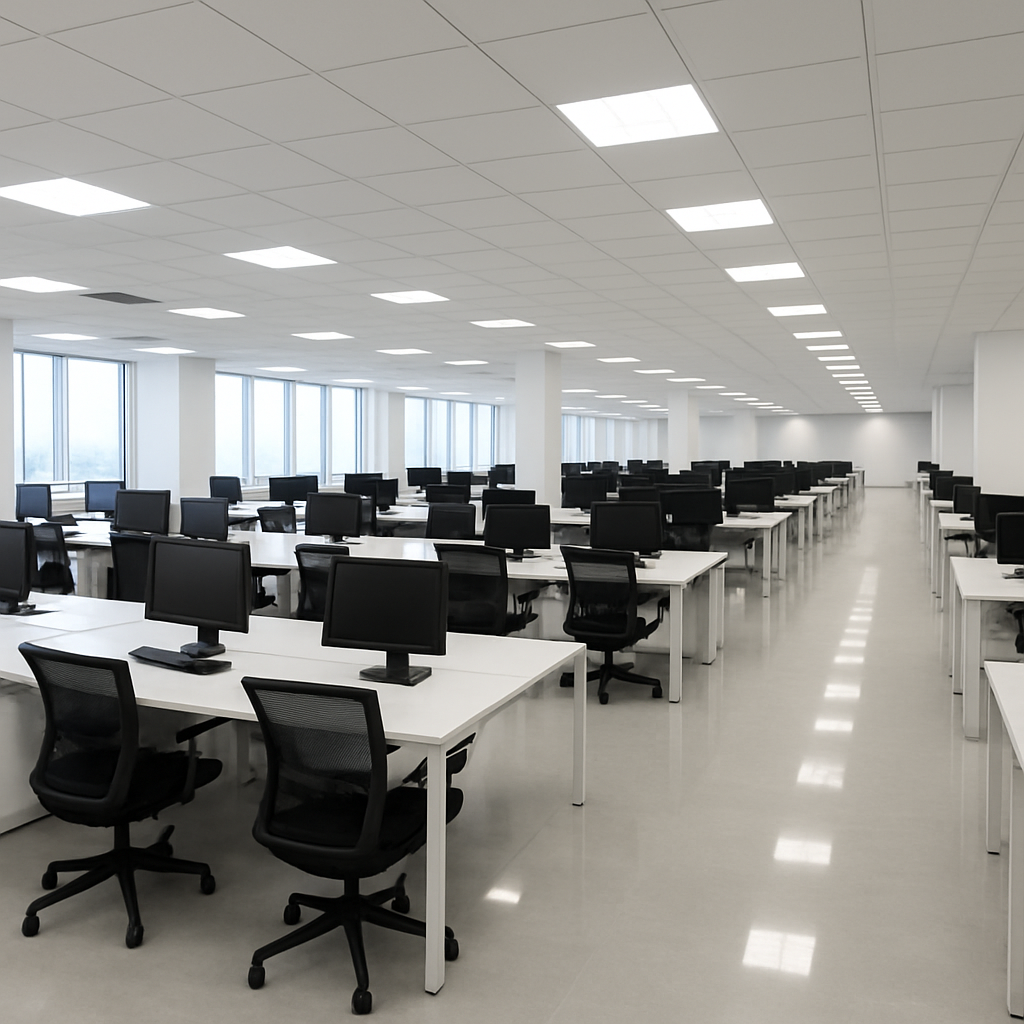 Pristine modern commercial office space with gleaming floors and clean workstations