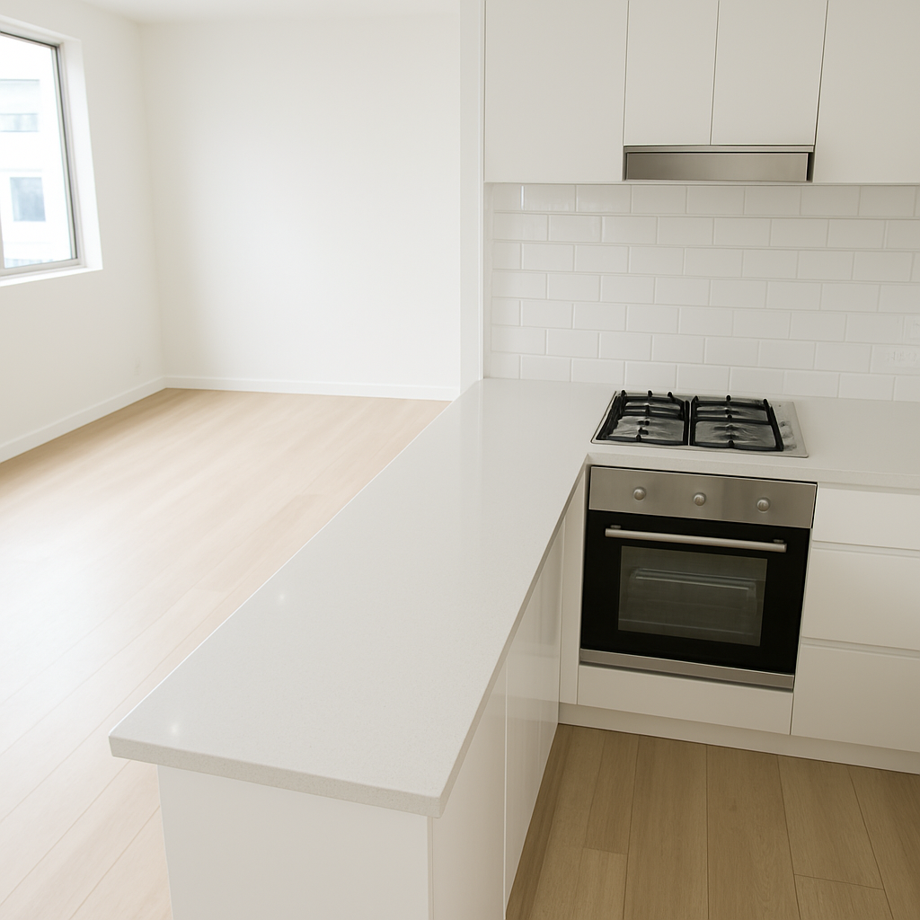 Pristine empty apartment kitchen thoroughly cleaned for end of lease inspection