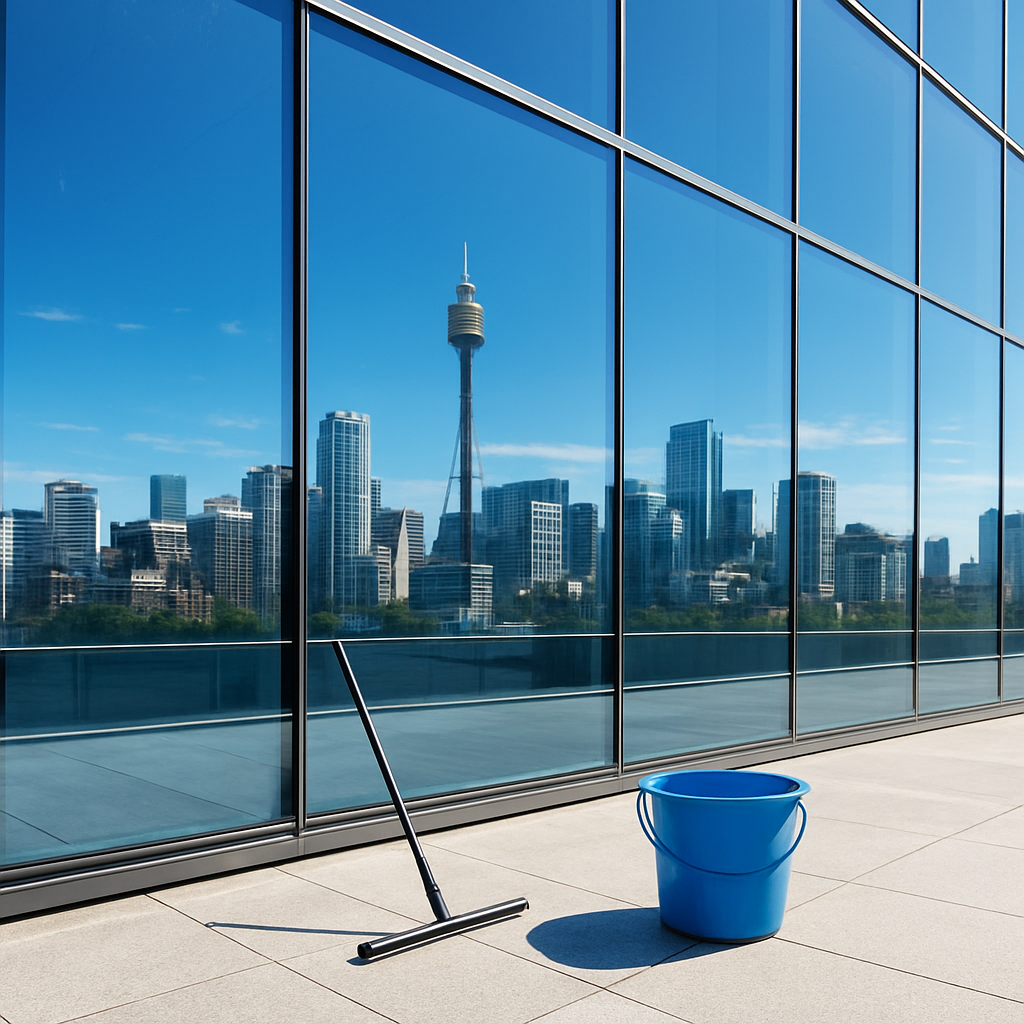 Spotlessly clean large glass windows on a modern Sydney building reflecting blue sky